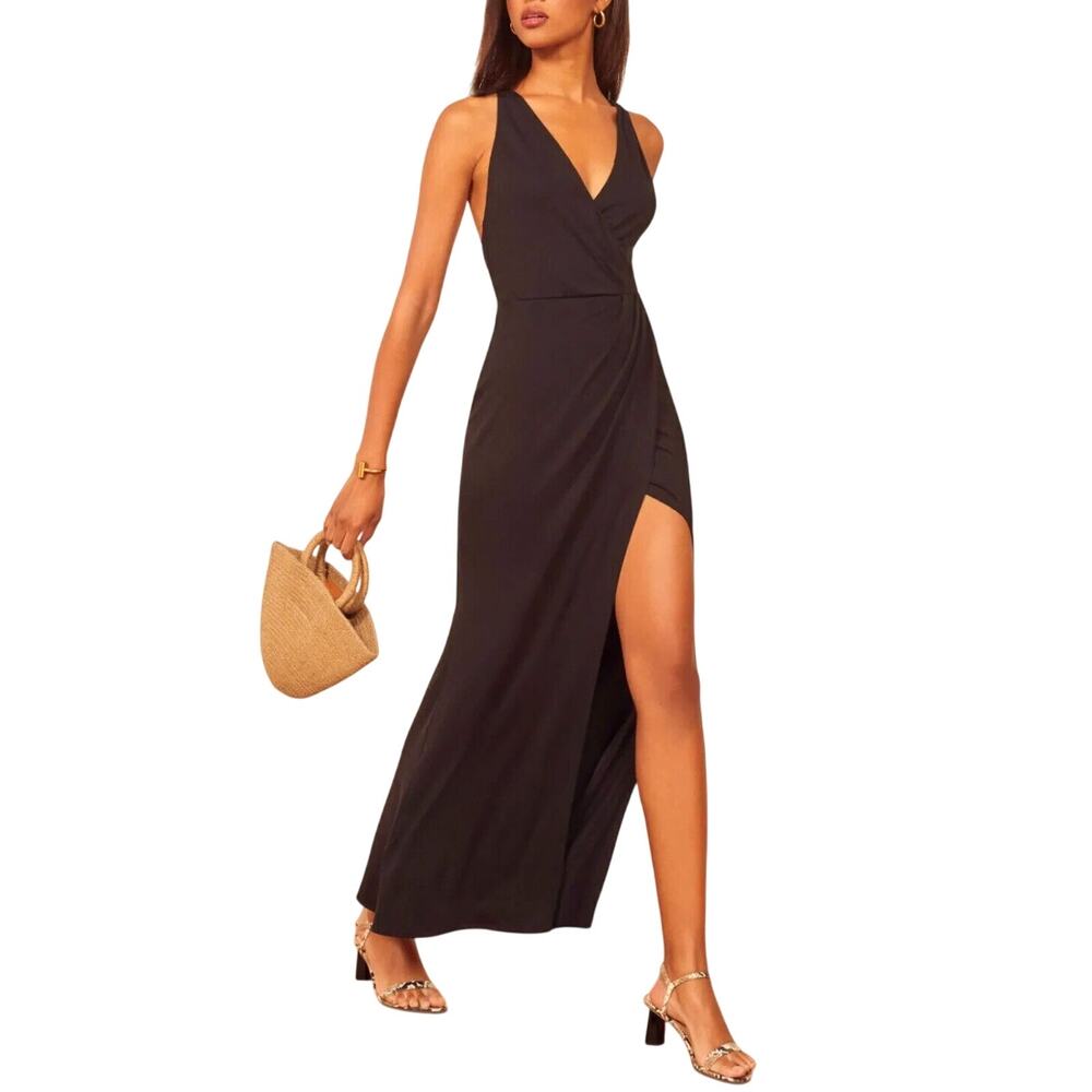 Reformation Sexy Black Vienna Maxi Deep-V Front Criss Cross Back High Slit XS